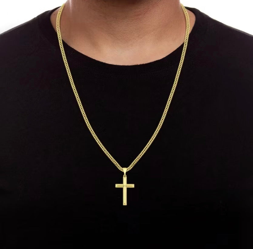 Corrente Grumet Dupla Lacraia Masculina + Pingente Cruz Detalhada Banhados a Ouro 18k