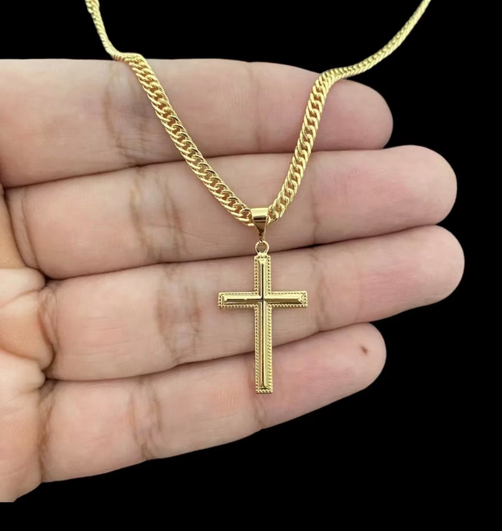 Corrente Grumet Dupla Lacraia Masculina + Pingente Cruz Detalhada Banhados a Ouro 18k